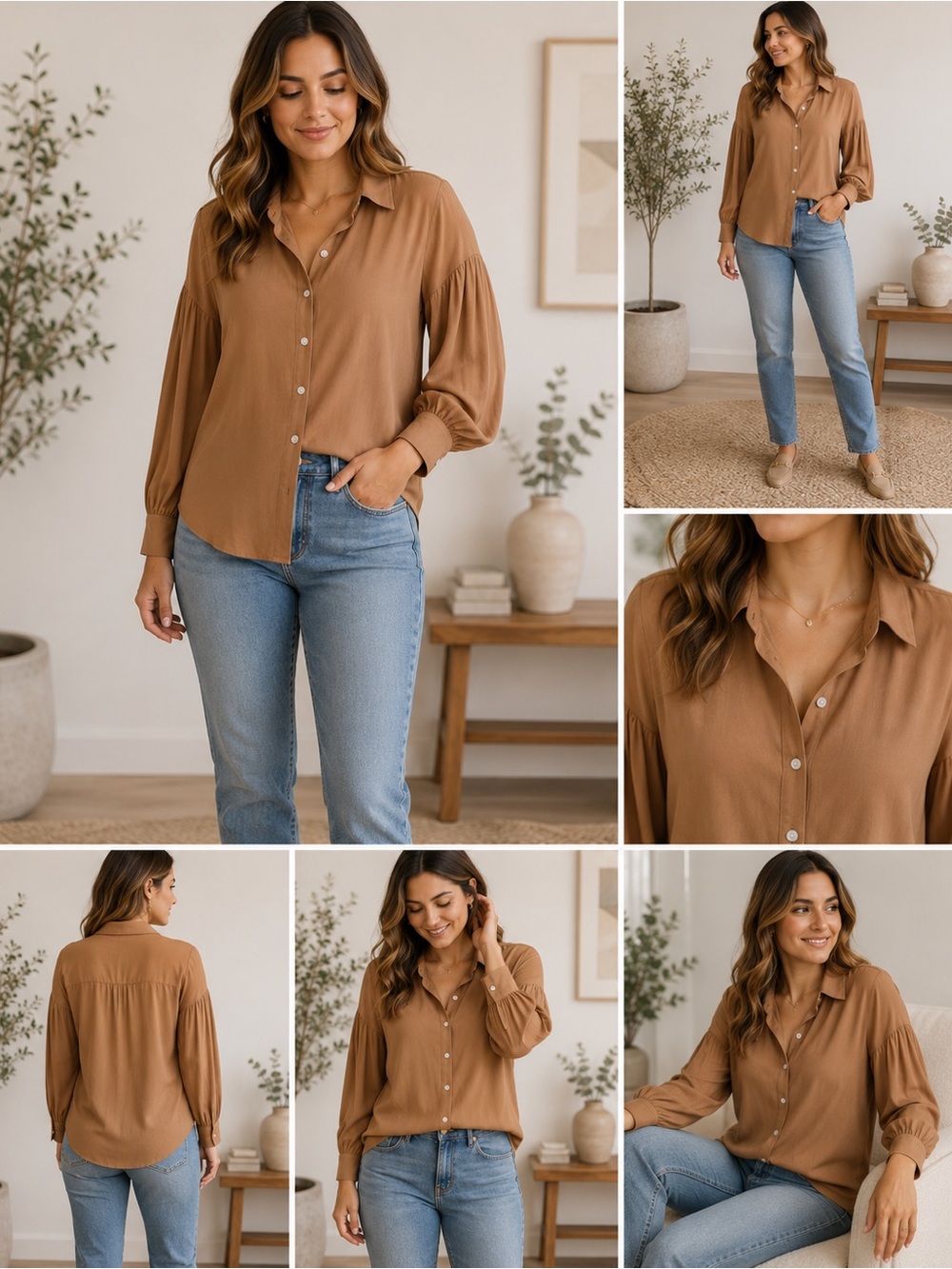 EXPRESS Caramel Tan Button-Front Blouse